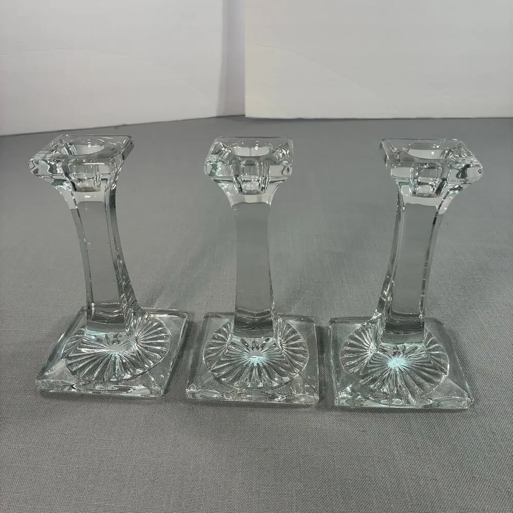 Vintage Clear Glass Candlestick Holders Set of 3 Square Base Taper Candle Holder